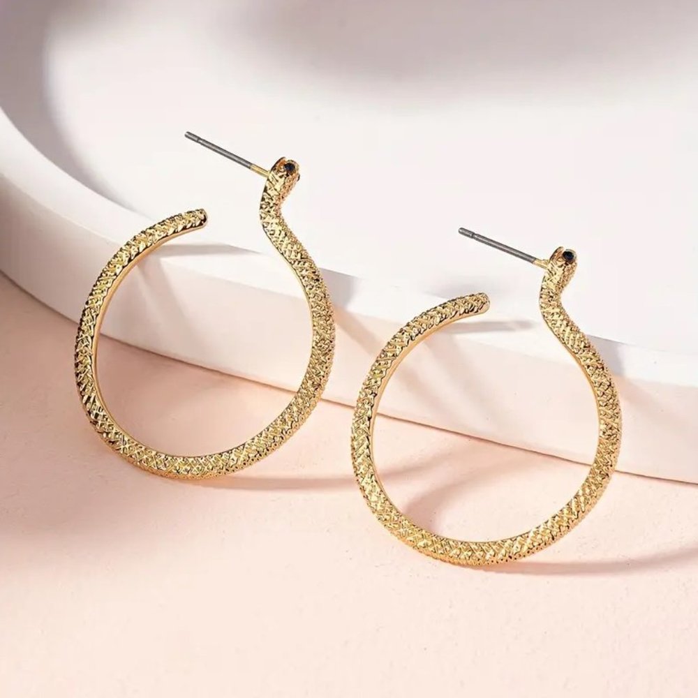 Gold Serpent Snake Blue Rhinestone Eyes Hoop Earrings NEW - Picture 5 of 7